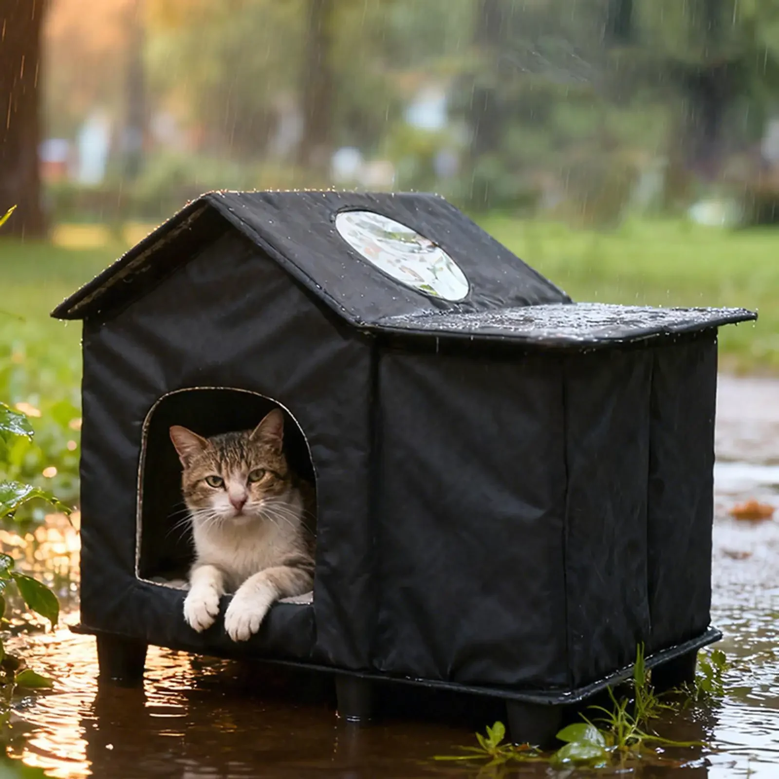 Waterproof Elevated Pet House Foldable Cats House with Roof Window Indoor/Outdoor Pets Shelter for Small Dogs Cats Pets Supplies