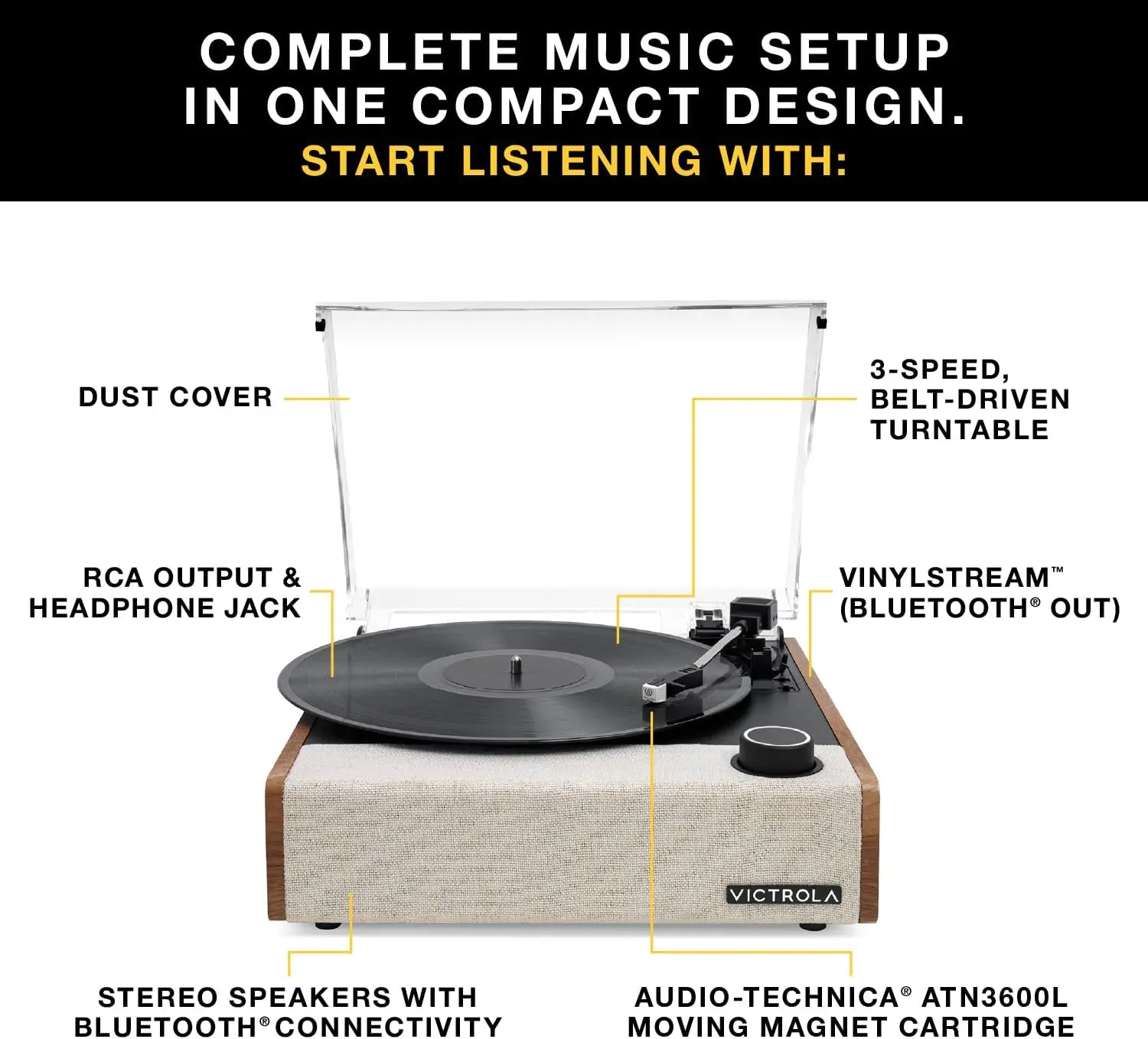 Eastwood II Bluetooth Record Player Speakers Oak Vintage Wood Built In 3 Speed Turntable VINYLSTREAM Audio Technica Cartridge