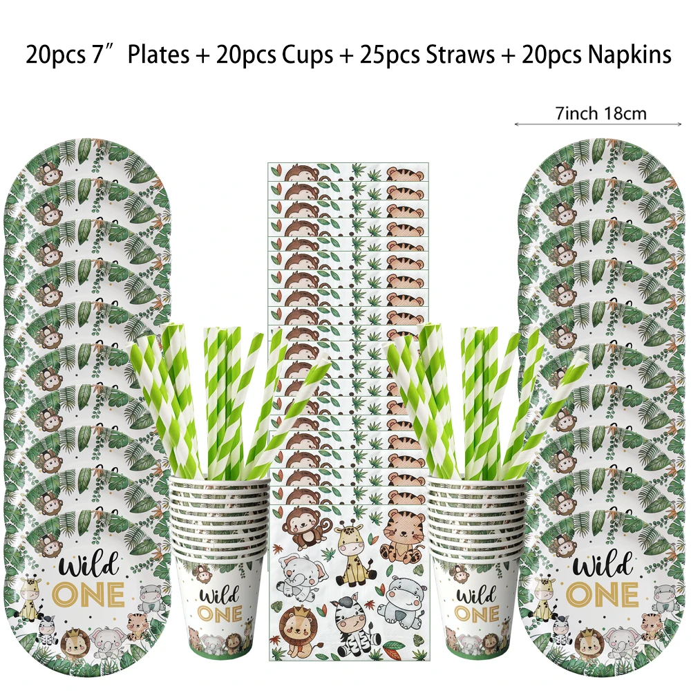 Wild One Disposable Tableware Plate Cup Napkin Banner Jungle Party for Kids Forest Safari Theme Birthday Party Decoration