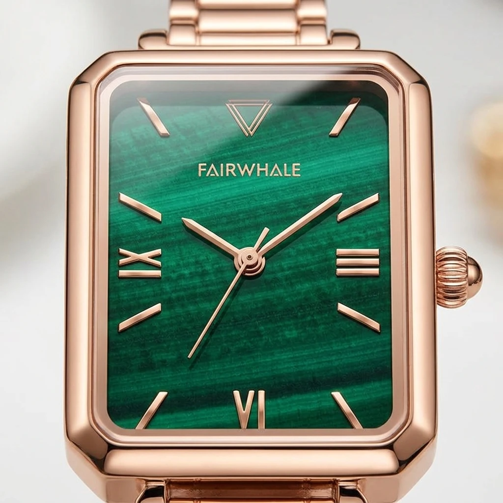 Women Rectangle Quartz Wristwatch Mark Fairwhale Vintage Square Case Natural Grain Dial Roman Numeral Metal Band Ladies Watch