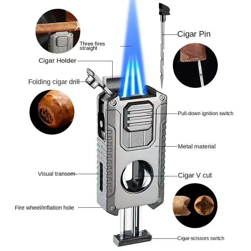 New Multifunctional Three-jet Flame Direct Injection Cigar Lighter with Built-in V-shaped Cigar Cutter Portable Five-in-one