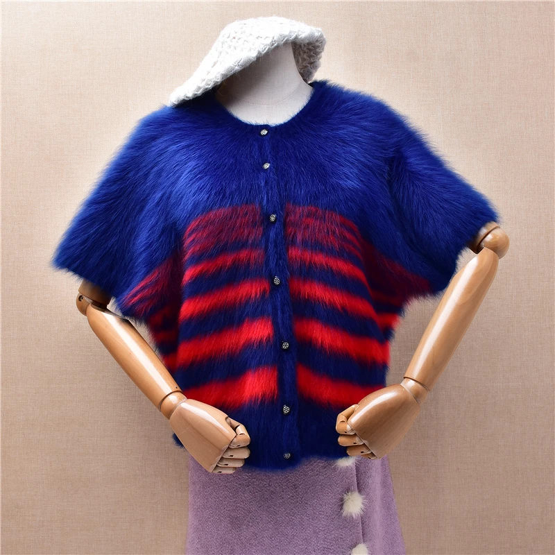 Ladies Women Autumn Winter Clothing Hairy Striped Mink Cashmere Knitted Sleeveless Short Style Loose Cardigans Sweater Vest Pull