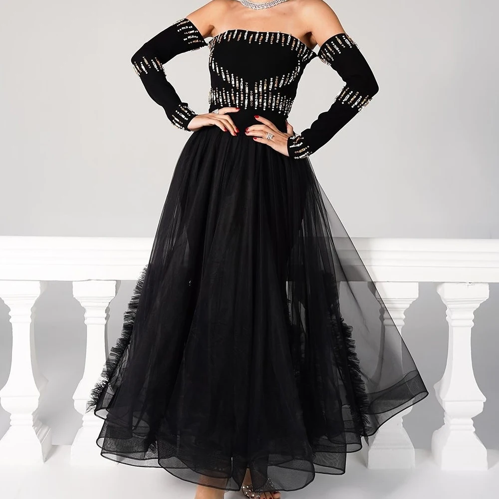 

Customized Luxury Organza A-Line Crystal Evening Dress High Quality Floor Length Long Sleeves vestidos para mujer