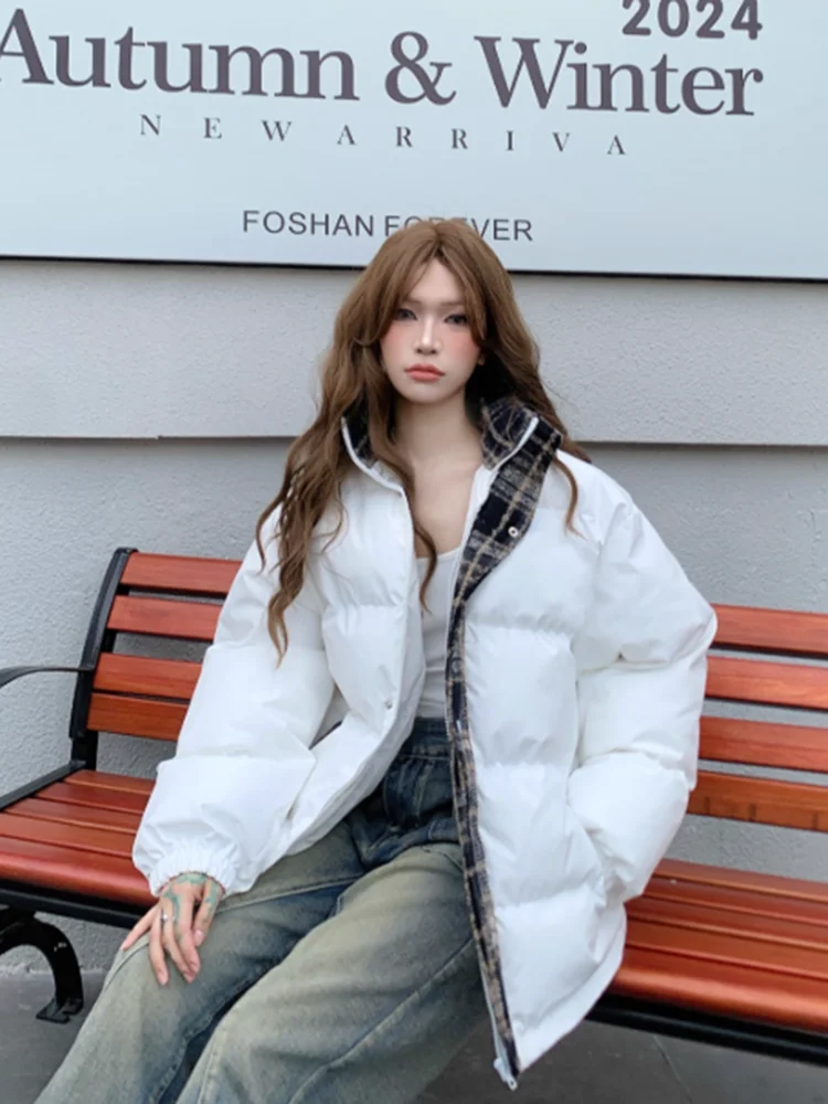 Zoki خمر الشارع الشهير Y2K سترات المرأة الأمريكية منقوشة المرقعة الشتاء منتفخ معطف Harajuku فضفاض الهيب هوب Bf سترة طويلة الأكمام #5