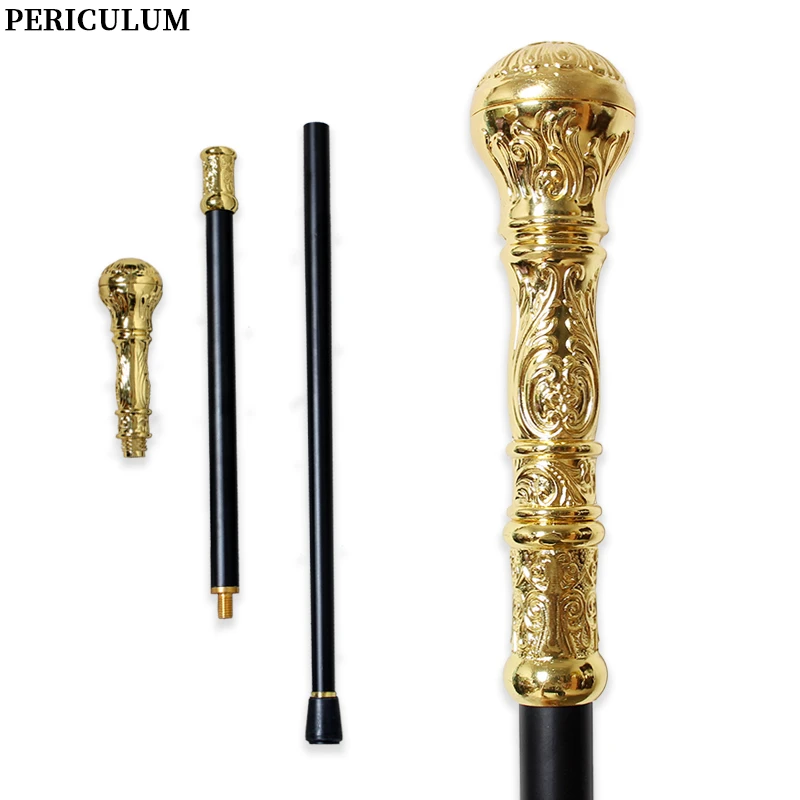 Shiny Gold Alloy Victorian Walking Cane With Round Handle Detachable Vintage Walking Stick Cosplay Party Prop for Men And Women