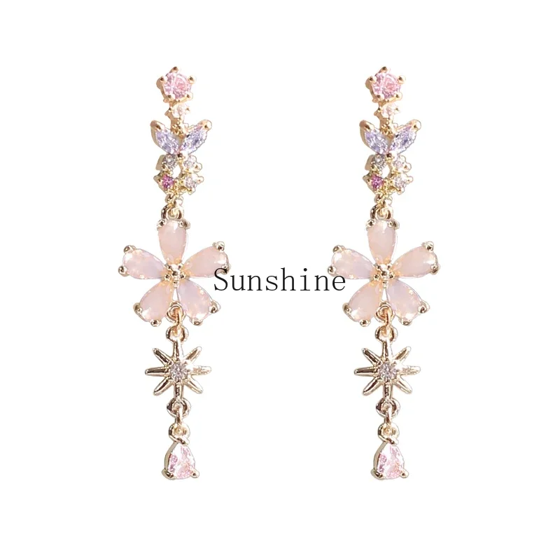 Cherry blossoms rain down, super fairy exquisite light luxury inlaid with colored zircon silver needle gold-plated stud earrings