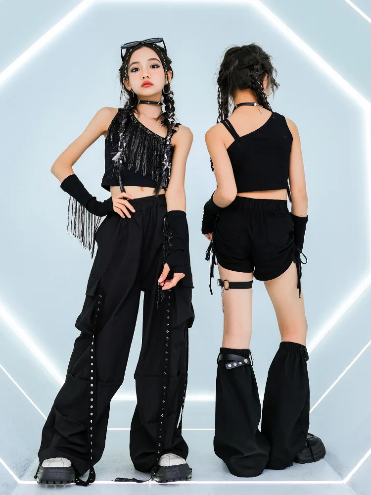 Pantalon cargo à pampilles noires pour filles, tenues Kpop, olympiques de danse jazz, vêtements de performance Hip Hop, groupe de mode, DQS18494, 2025