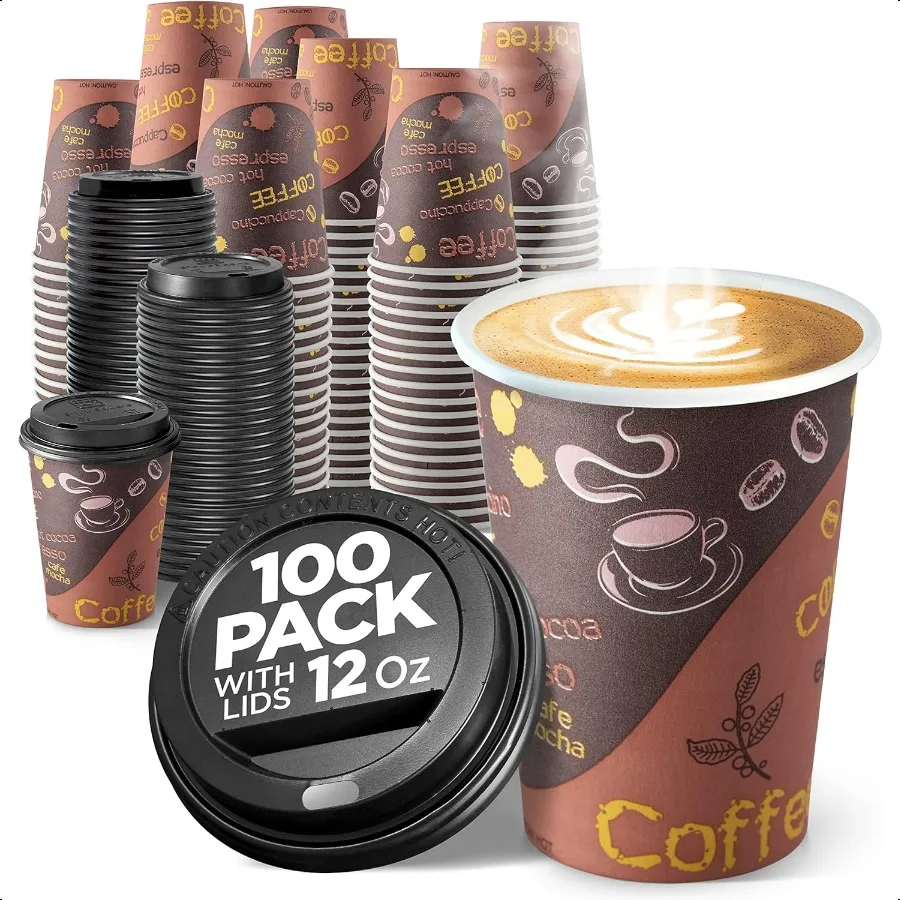 

Coffee Cups with Lids 12 oz 100 Pack To Go Paper Coffee Cups for Hot Cold Beverages Tea Hot Chocolate Water Juice Eco Friendly