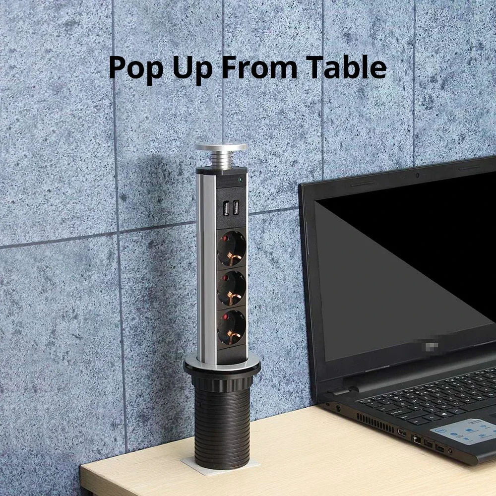 Retractable Wallpad Pop Up Desktop Socket 3 Outlets 2.4A USB Ports 2M Extension Plug Aluminum Body For Kitchen Table