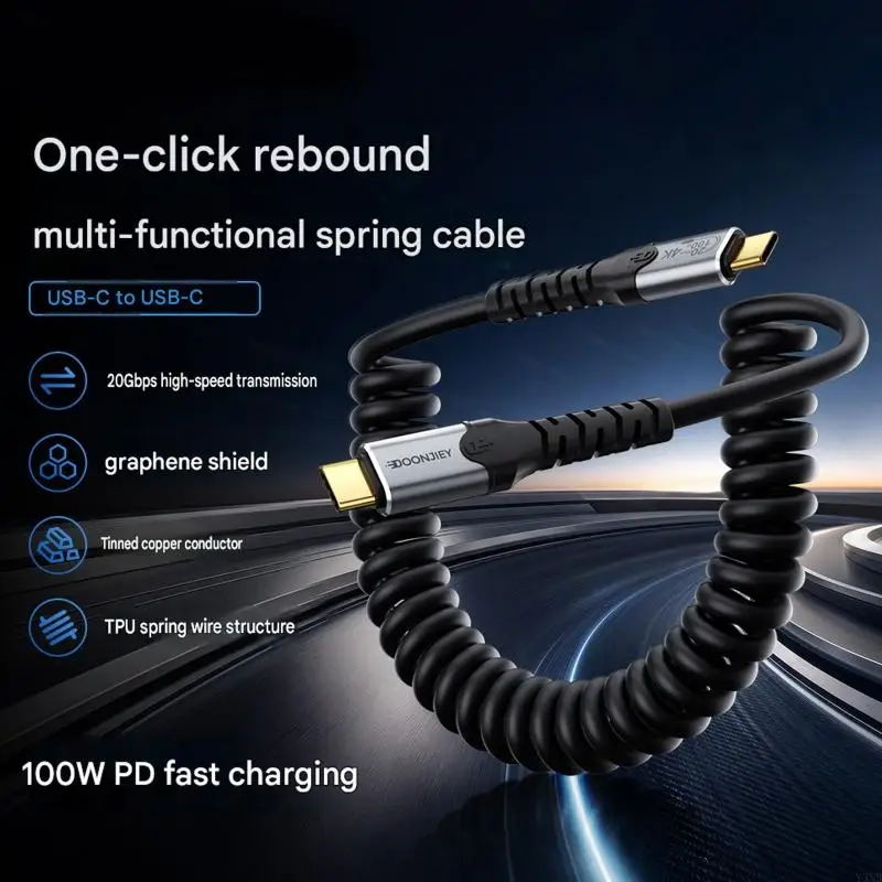 Type C Coiled Data Cable 100W 20Gbps, 60Hz Video Output, 2 M Spring Wire with Bend Relief for Desk Travel Tasks Y3ND
