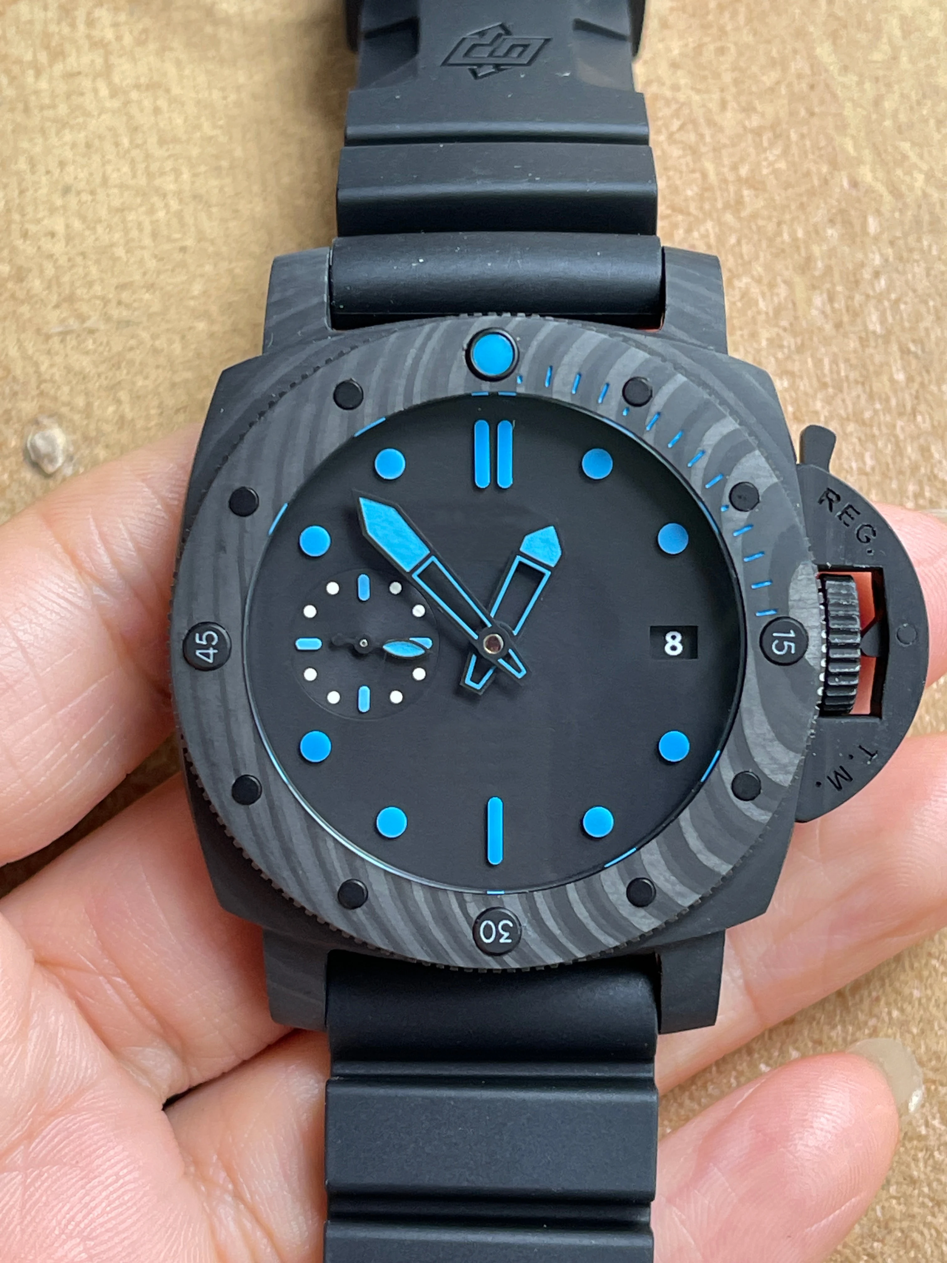 أفضل جودة pam 312 968 1518 1676 1467 p9000 التلقائي الميكانيكية ألياف الكربون البرونزية 44/42/47 مللي متر رجل ساعة رجالي رجل