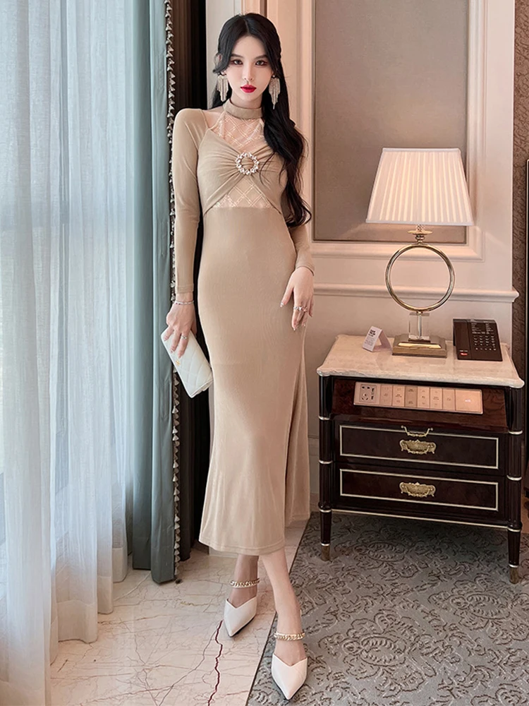 Knitting Mesh Women Maxi Dress Elegant Sexy Champagne Sheer Halter Hollow Slim Long Fishtail Robe Feminine Party Date Vestidos