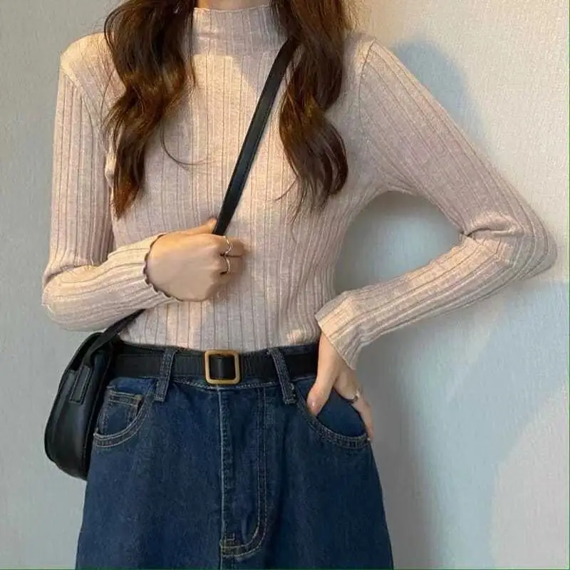 Korean Fashion Autumn New Women Pullovers Sweaters Women Solid Mock Neck Striped Bottoming Female Slim Long Sleeve Knitted Tops