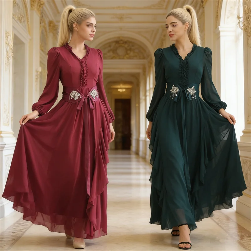 

Элегантное женское мусульманское макси-платье с рюшами и стразами, Абайя, Дубайский кафтан, Турецкий кафтан, Марокканский женский кафтан, Исламская джалабия, Новинка