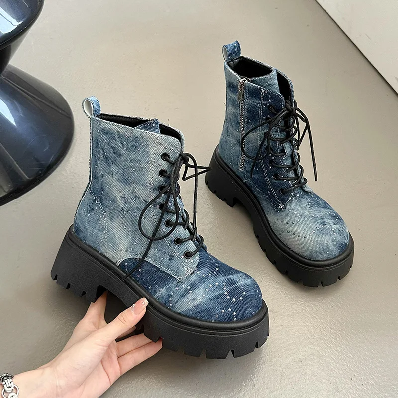 Rock-Botas de punta redonda para mujer, calzado de goma con cremallera, tacones de pezuña de tela sintética, otoño e invierno, 2024