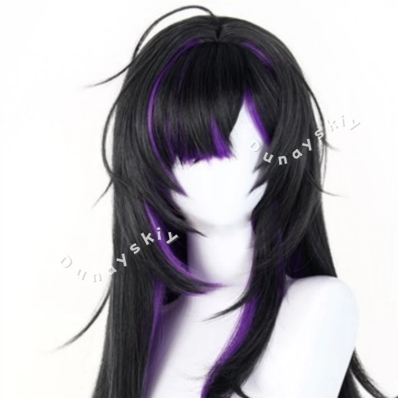 God Female Victory Purple Black Label Cosplay Perücke mit Kopfhaut-Imitation Anime Game Halloween Game Label Lange Schwarz-Lila Perücke für Frauen