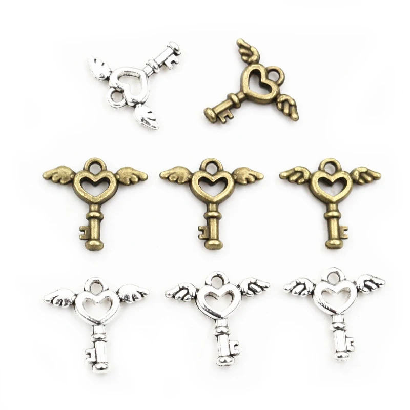 50pcs Charms Fly Key 14x14mm Antique Bronze Silver Color Pendants Making DIY Handmade Jewelry Factory Wholesale