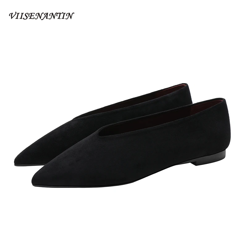 2023 New Arrival Flat Shoes Fashion Pointed Toe Shallow V-mouth Elegant Dress Sapatos Mujer Simple Style Black Loafers