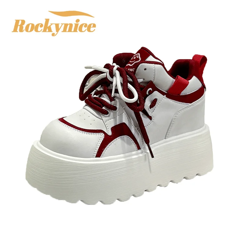 Women's High-Top Leather Sneakers 2026 Spring Platform Skateboarding Shoes Autumn Chunky Sneakers 9CM Wedges Ladies Casual Shoes
