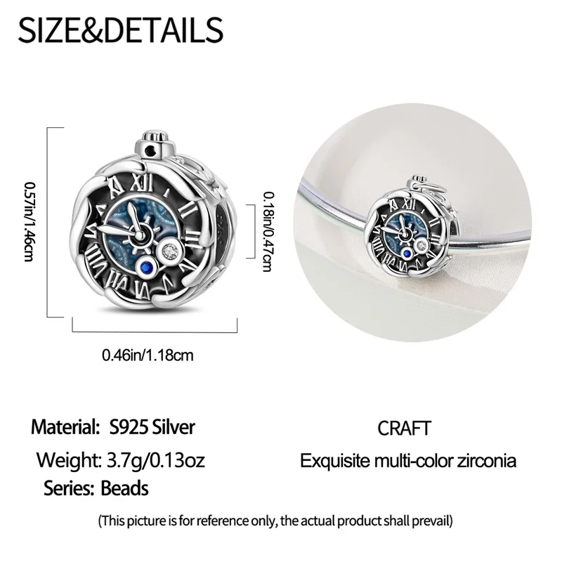 925 Sterling Silver Charms Bead CZ Zircon Retro Pocket Watch Dangle Fit Original Bracelet DIY Women Jewelry Gift - view 5