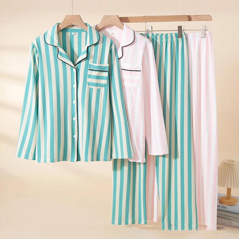 Vertical Striped Lapel Long Sleeved Cotton Pajamas For Women Breathable Sweat Absorbing Warm Fashionable Home Wear Spring New