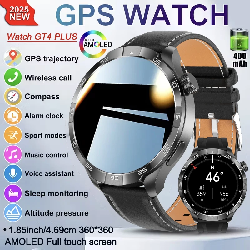 

Новинка 2025 года, спортивные умные часы GT4 Plus с GPS, мужские умные часы с AMOLED-экраном 1,85 дюйма, IP68, водонепроницаемые, NFC, компас, высота, давление, BT Call, умные часы