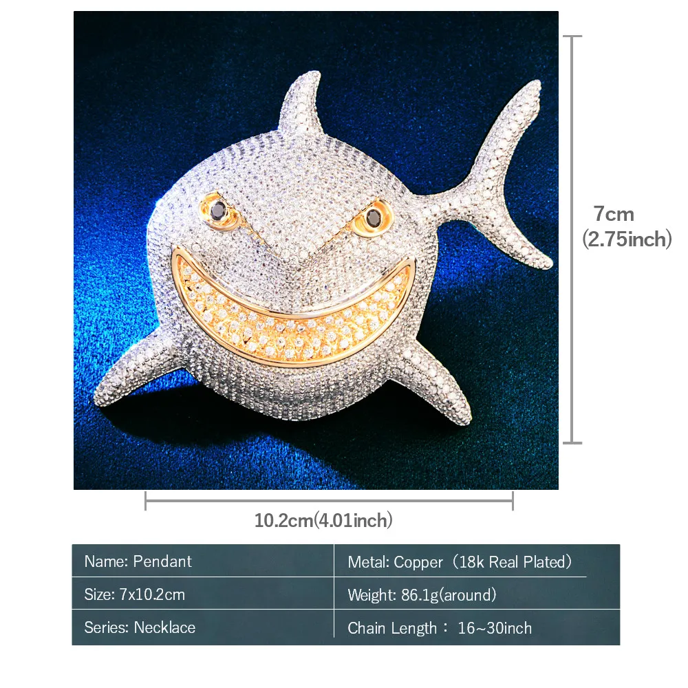 Big Shark Head Pendant Men Hip Hop Rock Rapper Necklace Chain  Bling Cubic Zircon Jewelry