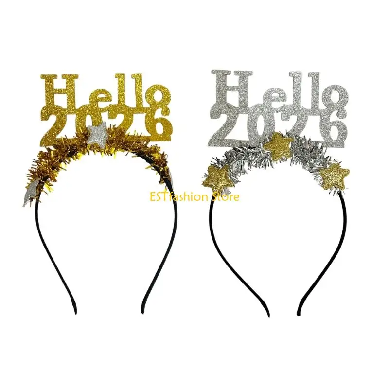 Y5GC 해피 뉴 이어 헤어 밴드 글리터 2026 년 헤어 후프 축제 이벤트 파티 사진 소품 헤드 피스를위한 편안한 모자를 쓰고 있죠