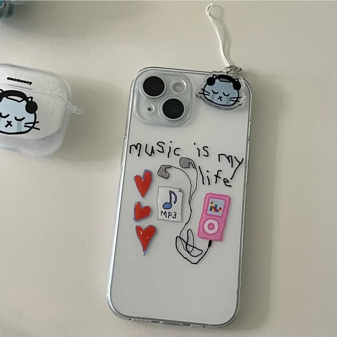 Hand Drawn Headphones Cartoon Kawaii Phone Case For iPhone 16 15 14 13 12 11 Pro Max XR XS Max 7 8 Plus MINI Y2K Creative Cover