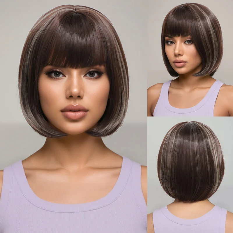 New short straight hair with bangs bobo European-style synthetic fiber wig for women full head cover
