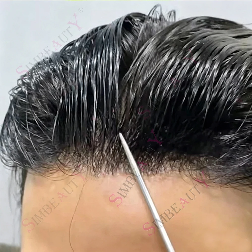 Mens Toupee Long Last 0.1mm Injection Full PU #6 #5 Cold Brown Men's Capillary Prosthesis Real Human Hair Wig Natural Hairpieces