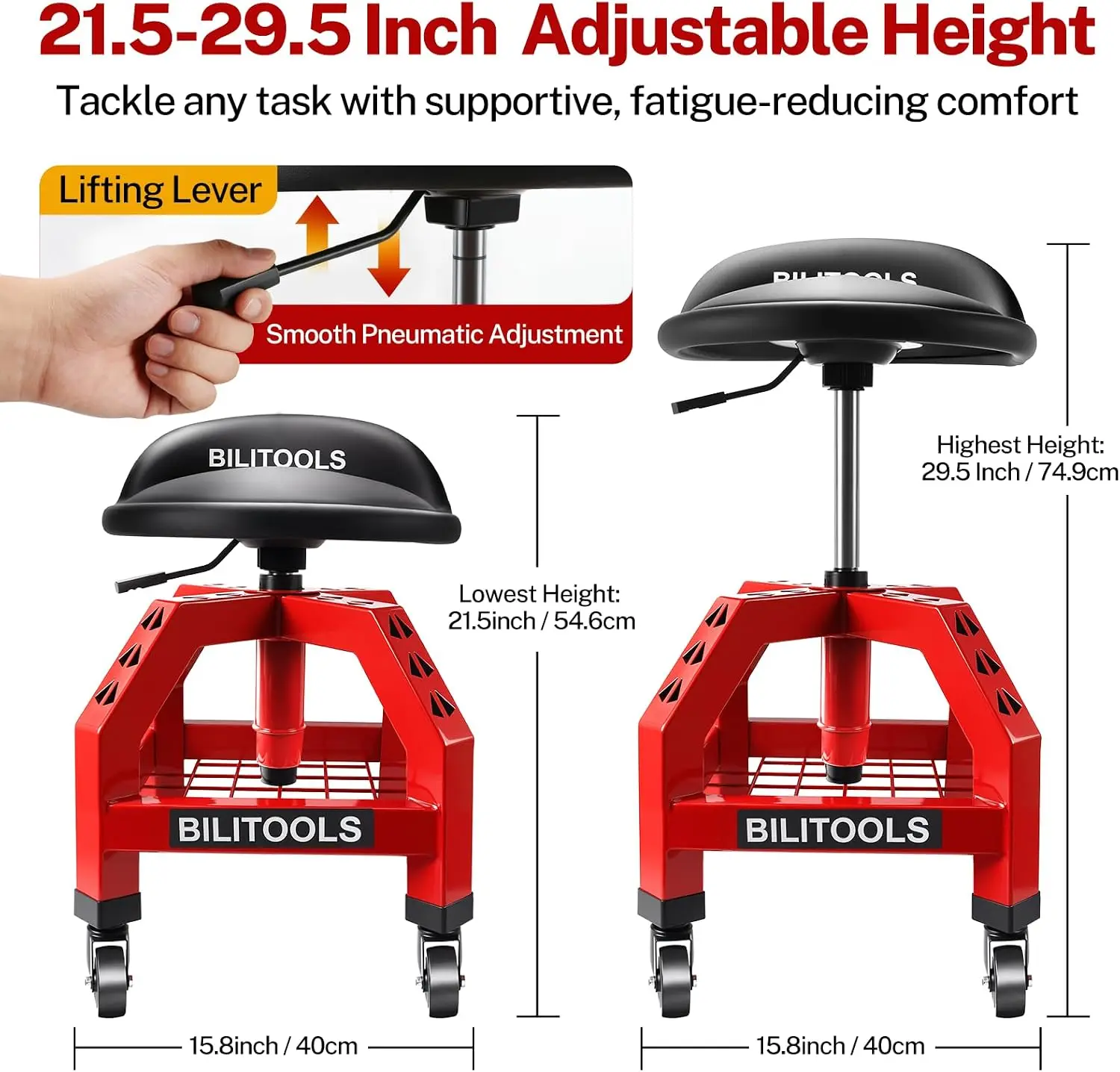 Rolling Shop Stool with Wheels, Adjustable Mechanic Seat | Garage Chair with 21.5