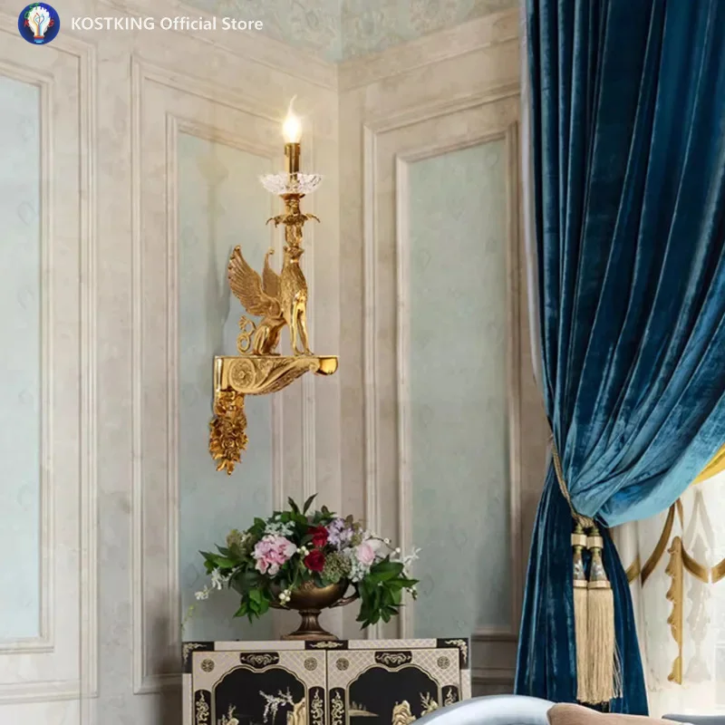 French Style All Copper Wall Lamp European Retro Palace Luxurious Dewaxed Mythical Beast Living Room Corridor Aisle Staircase