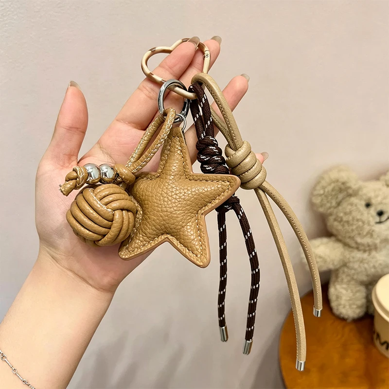 Handmade Star Woven Ball Keychain for Bag Pendant Creative Maillard-Style Women Charm Hanging Decoration Accessories