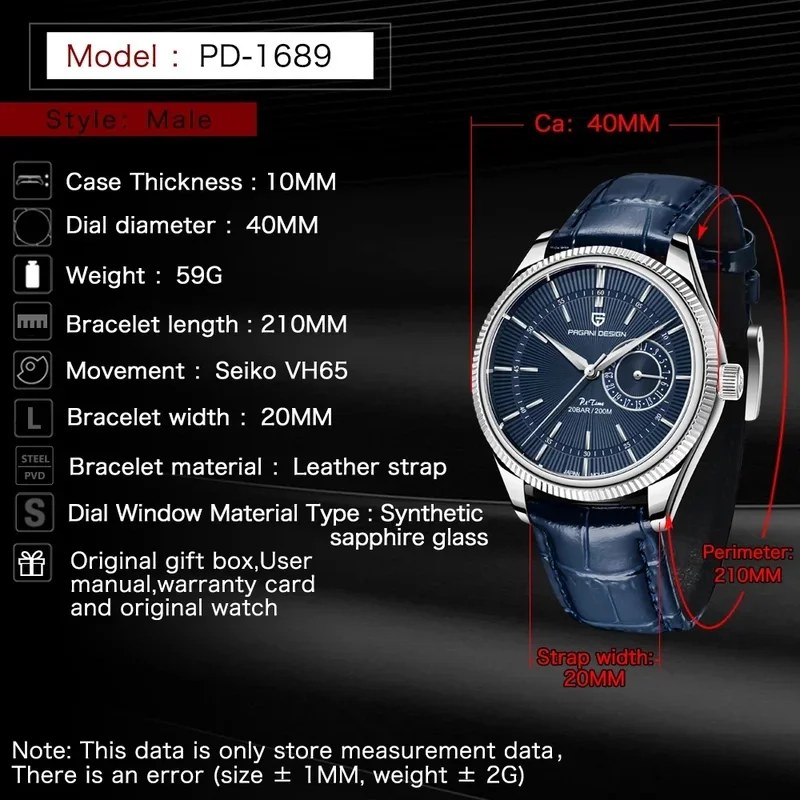 PAGANI Design 1689 Leisure Men Quartz Watch Movt Sapphire Glass Leather Strap 20Bar Waterproof Men Wristwatch Reloj Hombre New