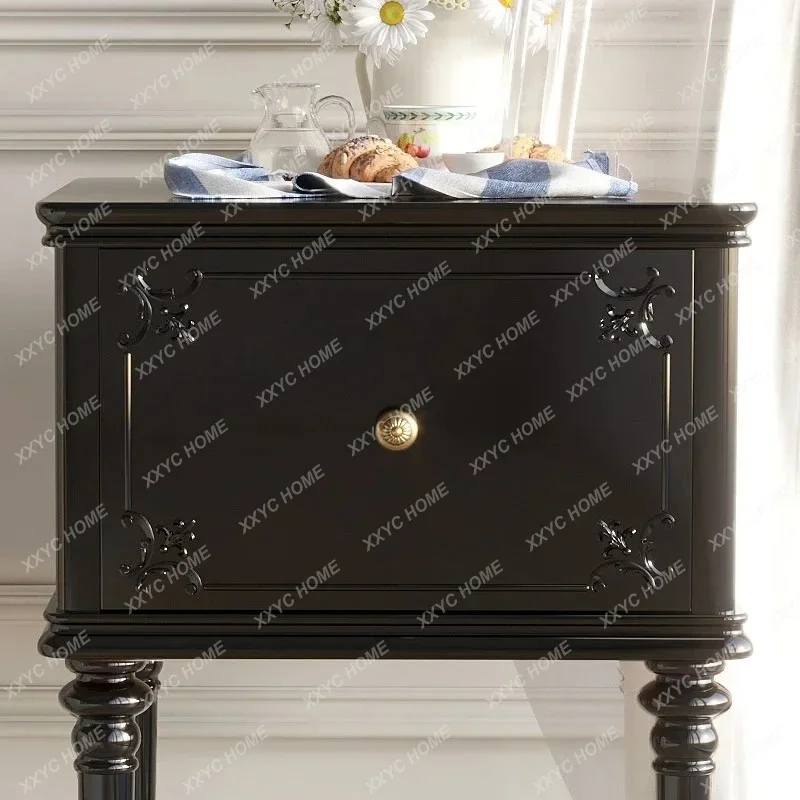 QQNew Retro Solid Wood Bedside Cabinet Classical Sofa Side Table French Style Locker High-Grade Wall Living Room Storage Cabinet
