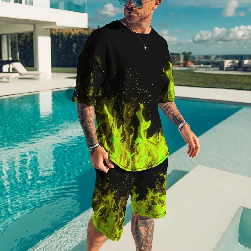 New Summer Sports Suit Men T-shirt Short Two Pieces The flame 3D Print Loose Solid Color Short Sleeve Fashion Tracksuits Set