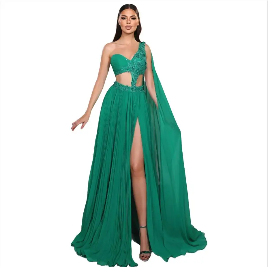 Green One Shoulder Prom Dresses فساتين سهرة Side Slit Maxi Gown with Wrap Lace Appliques Wedding Party Dress bestidos de gala