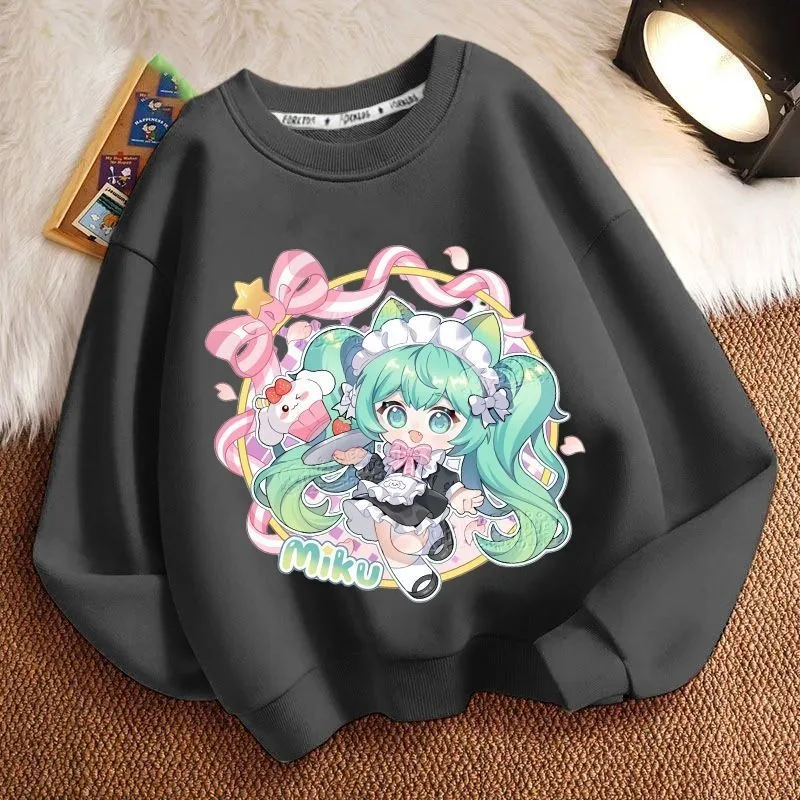 سويت شيرت لطيف برسوم كارتونية من Hatsune Miku، أنيق للنساء، بلوزة فضفاضة غير رسمية برقبة دائرية وأكمام طويلة للخريف