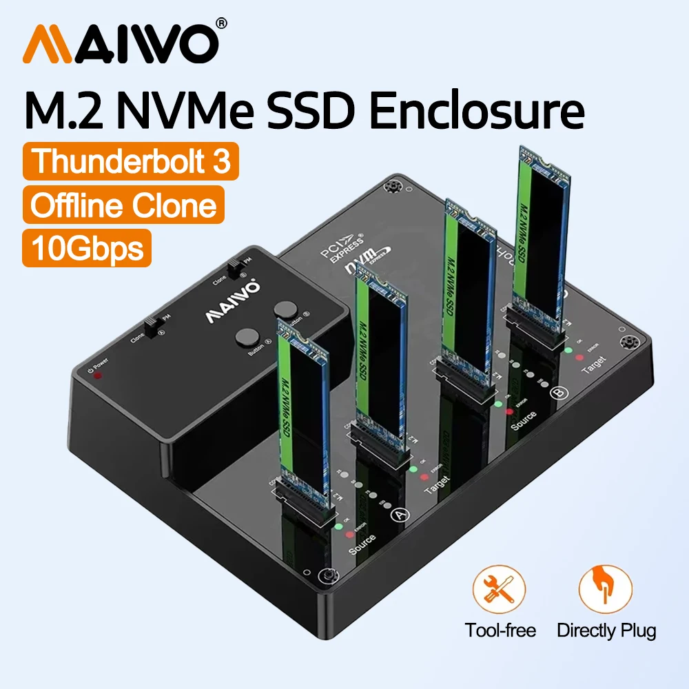 

MAIWO NVME SSD Case 10Gbps 4 Bay M.2 SSD Enclosure for M/B&M Key NVMe PCIe ssds Support Offline Clone with Read&Write Function