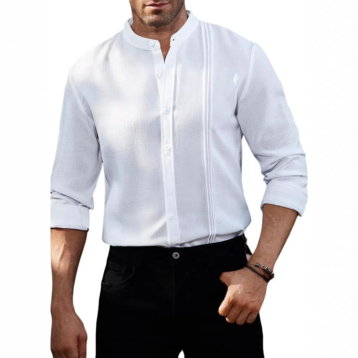 Blouse men 2026 casual Spring New stand-up collar solid color striped long-sleeved button open stitch casual shirt for men