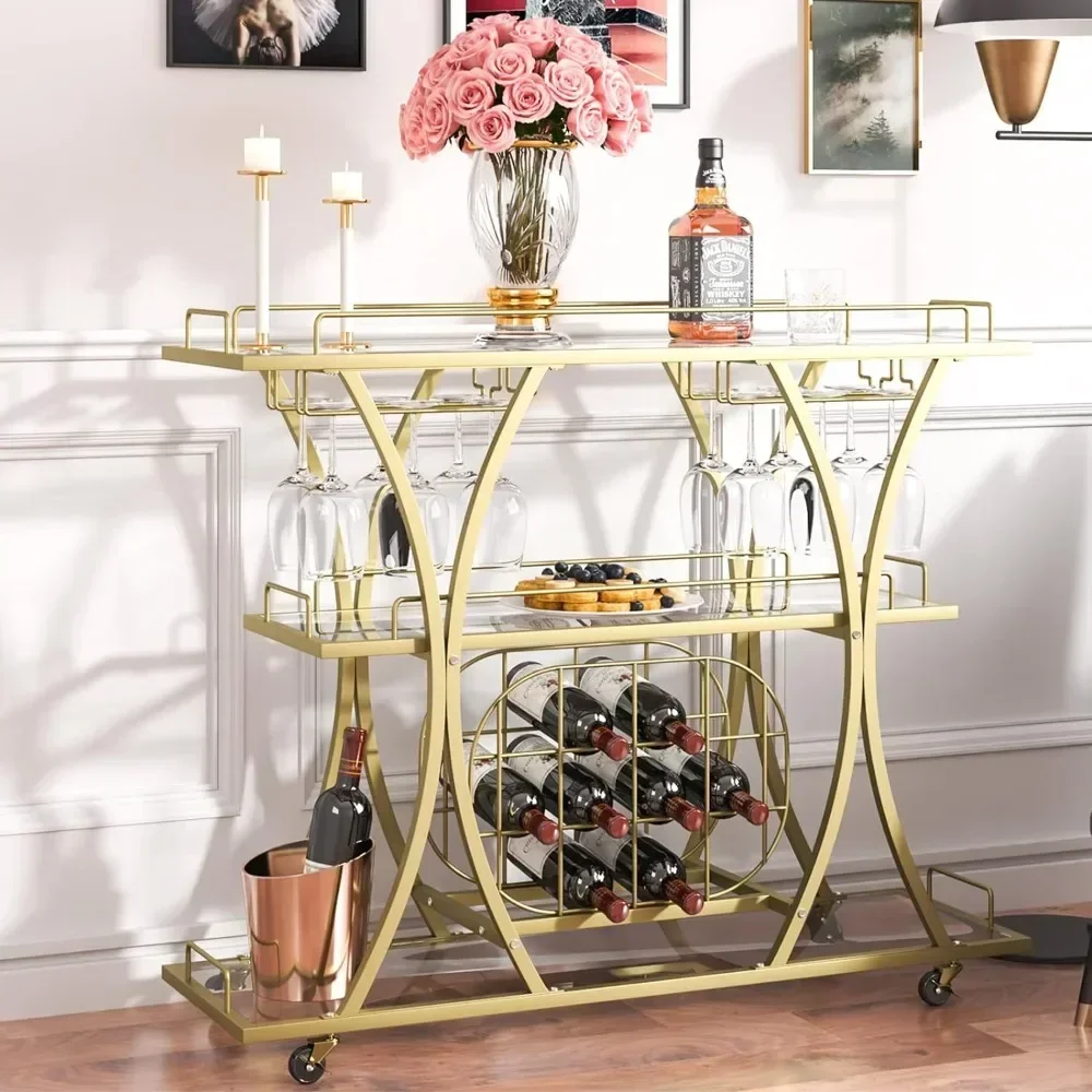 Bar Cart Gold, 3 Tiers Home Bar Serving Cart on Lockable Wheels, Rolling Alcohol Cart with Tempered Glass Shelves Guardrail