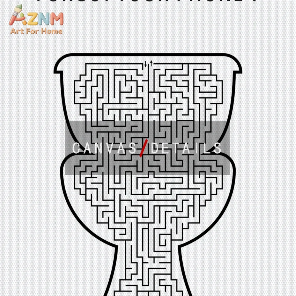 AZNM Funny Bathroom Forgot Your Phone Canvas Wall Art, Word Search Maze Puzzle Print, Frameless Minimalist White Black Toilet De view 3