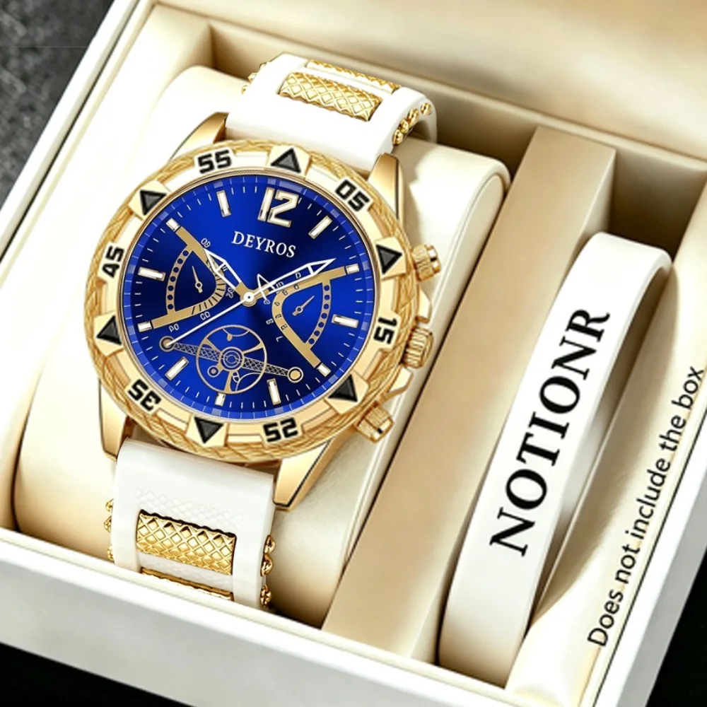 2pcs/set Men Bracelet Watch Set Men Watch, Luxury Wrist Watch, Sports Watch for Men, Golden Case Watch, White Silicone Watch