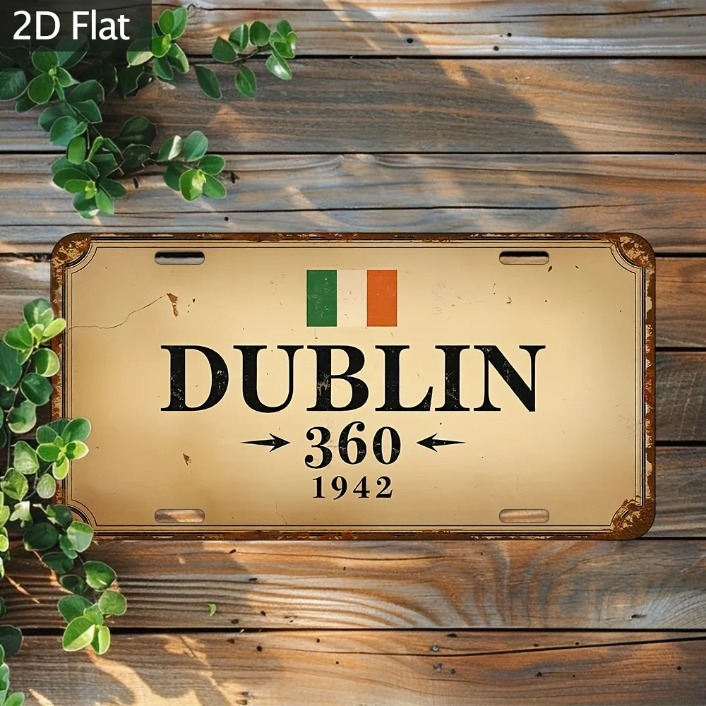 2D Flat Metal Wall Art, 12.0X6.0 inch - Vintage Sign Dublin 1922 with Tricolor Stripes Greenorange, Rustic Scene of Bar And Libr