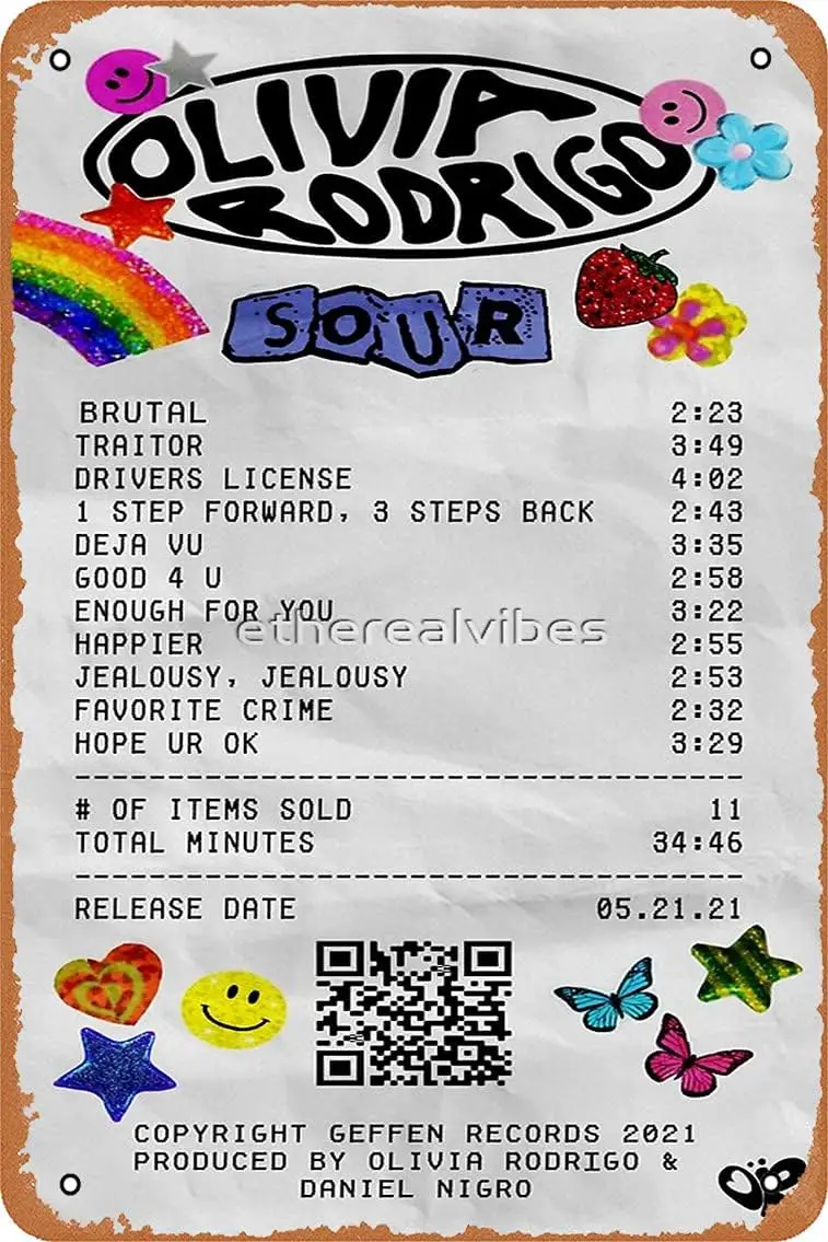 Olivia Rodrigo - Sour Album Receipt Poster  Vintage Metal Tin Sign Home Decor Garage Man Cave Wall Art