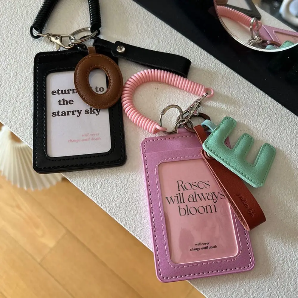 

Korean PU Leather Card Holder with Letter Pendant Clear ID Card Card Holder Photos Protective Cover