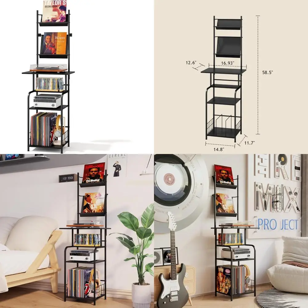 

Record Player Stand with Vinyl Storage - 6-Tier Turntable Table with Adjustable Feet, Metal & Wood Cabinet - Console Organizer D