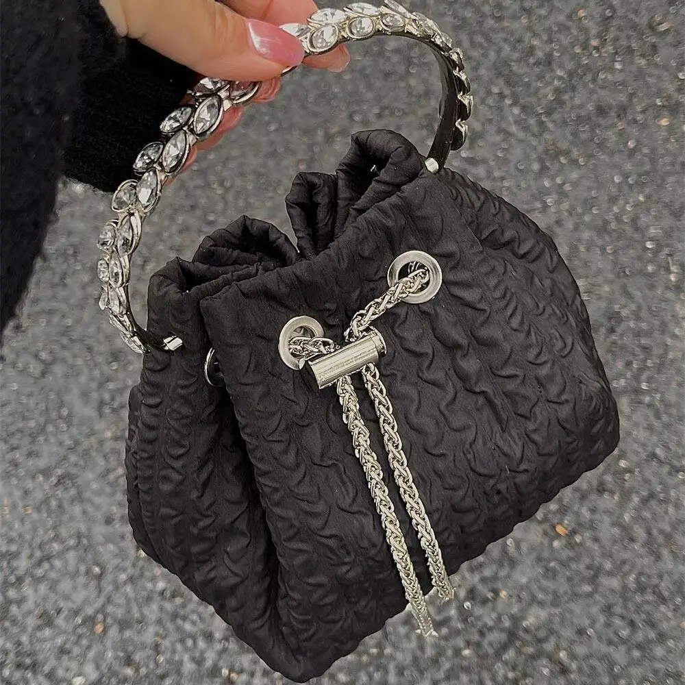 Korean Diamond Handle Handbag Simple Fashion Shoulder Pouch Drawstring Bucket Bag Sweet Chain Crossbody Bag