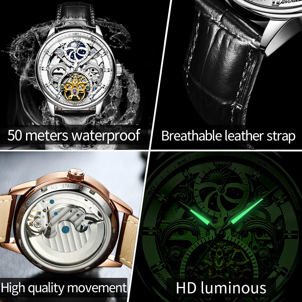 JSDUN Skeleton Watches Mechanical Automatic Watch Men Tourbillon Sport Clock Casual Business Moon WristWatch Relojes Hombre 40mm